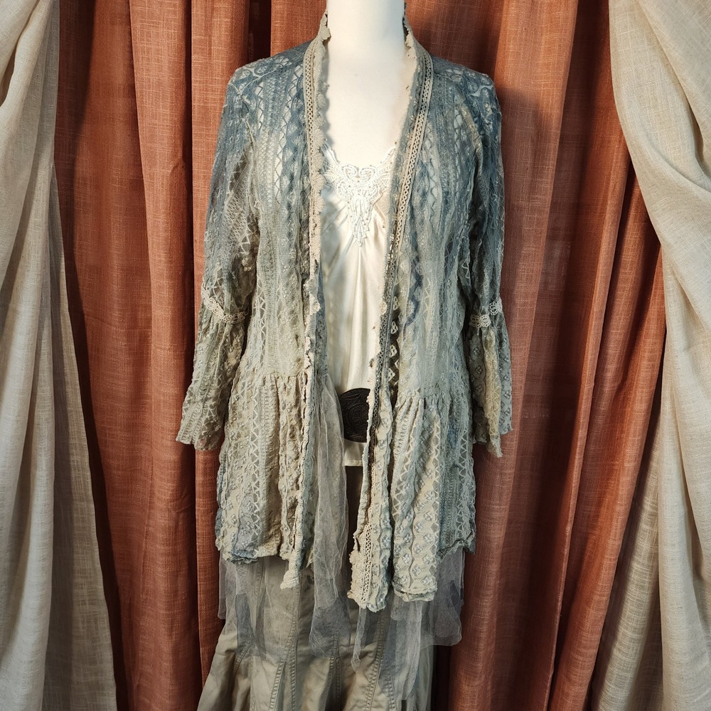 Lace Open-Front Kimono Sage, blue, tan